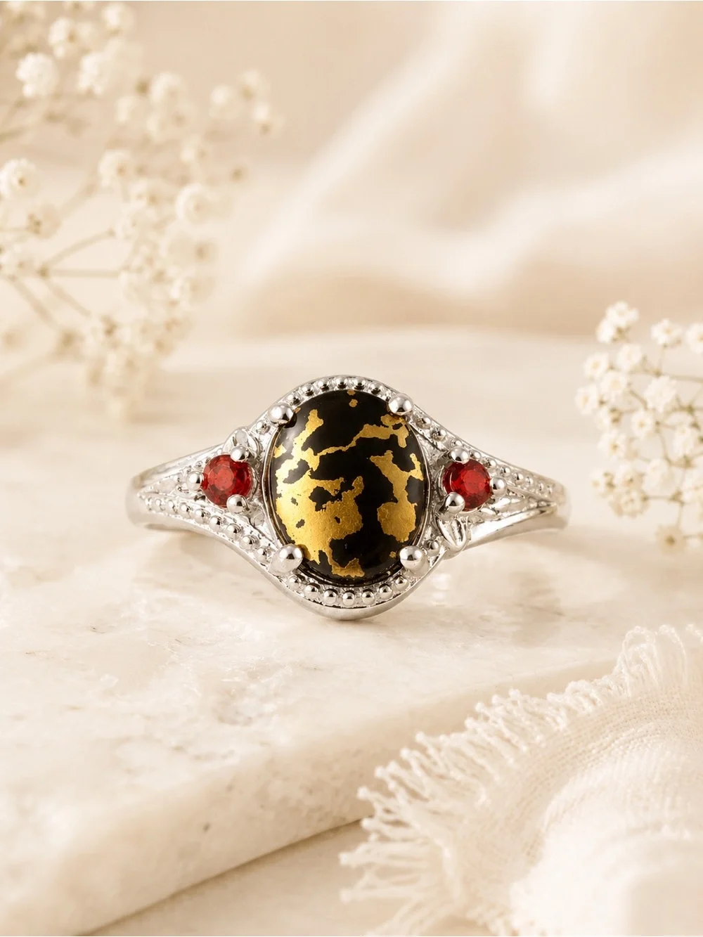 Goldenite & Mozambique Garnet Sterling Silver Ring Size 8 | 2.60 ctw